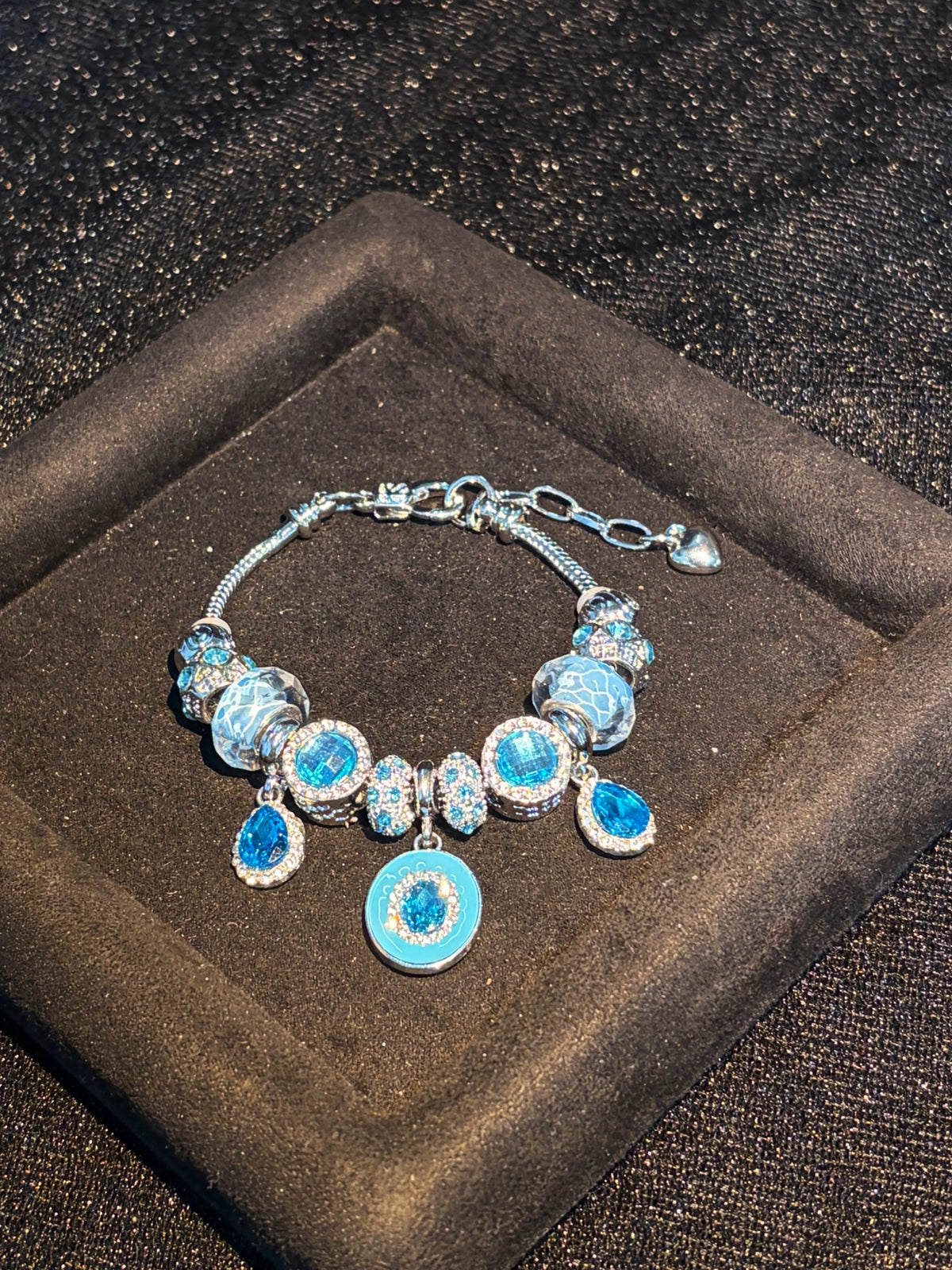 Silver‑Tone Snake Chain Charm Bracelet for Women, Ocean Style Blue Crystal & Murano‑Style Glass Beaded Bracelet, Teardrop Rhinestone Dangle Charms, Stackable Statement Jewelry Gift