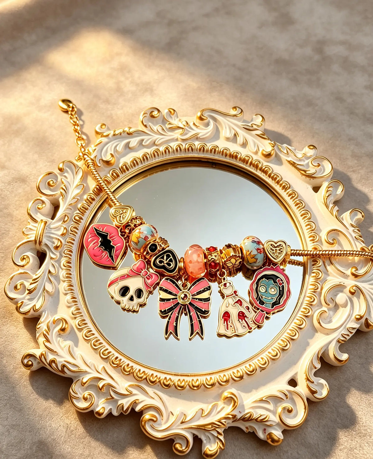 Halloween Gothic Charm Bracelet, Pink Skull Bow Dangle Bead Bracelet, Spooky Zombie Bride Enamel Charms Snake Chain Bracelet, Adjustable Jewelry Gift for Women Girls