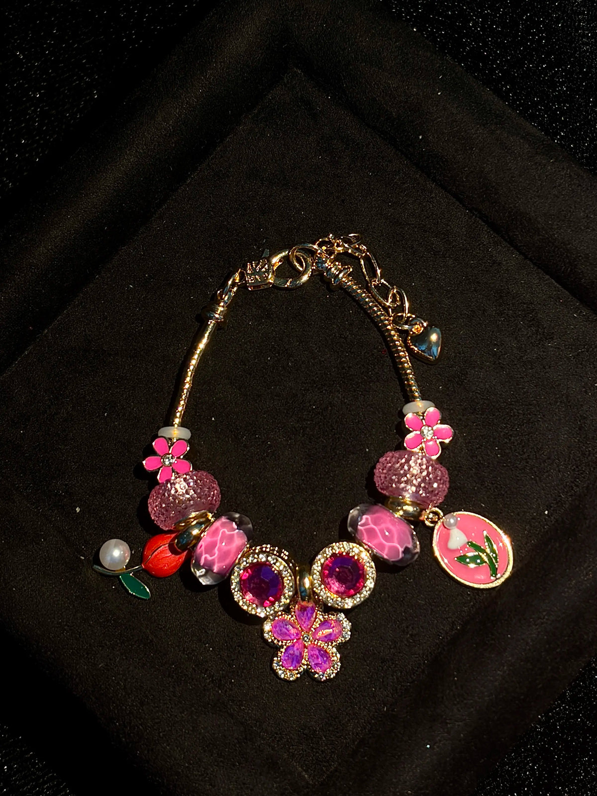 Fuchsia Pink Floral Charm Beaded Bracelet, Gold Plated Snake Chain Bracelet with Tulip & Crystal Beads, Elegant Jewelry Gift for Women