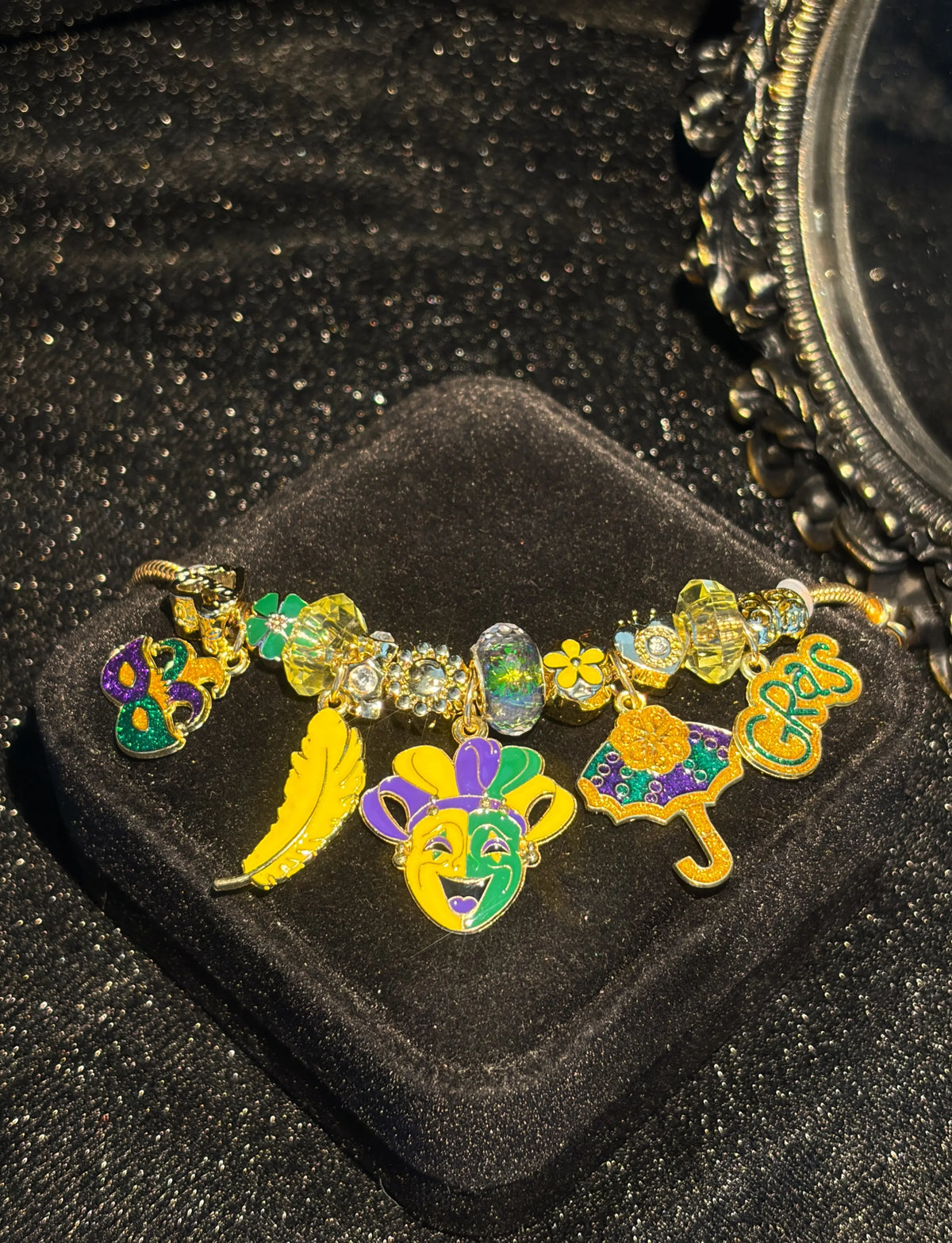 Women's Gold-Tone Snake Chain Charm Bracelet with Colorful Mardi-Gras-Inspired Enamel Dangle Charms, Birthday Costume Jewelry Gift