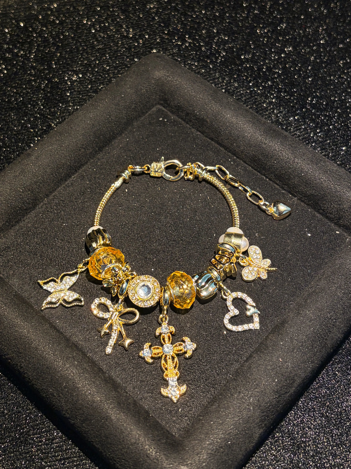 Women's Gold-Tone Adjustable Snake Chain Bracelet with Cross, Butterfly and Crystal Charms, Elegant Costume Jewelry Gift for Daily Wear