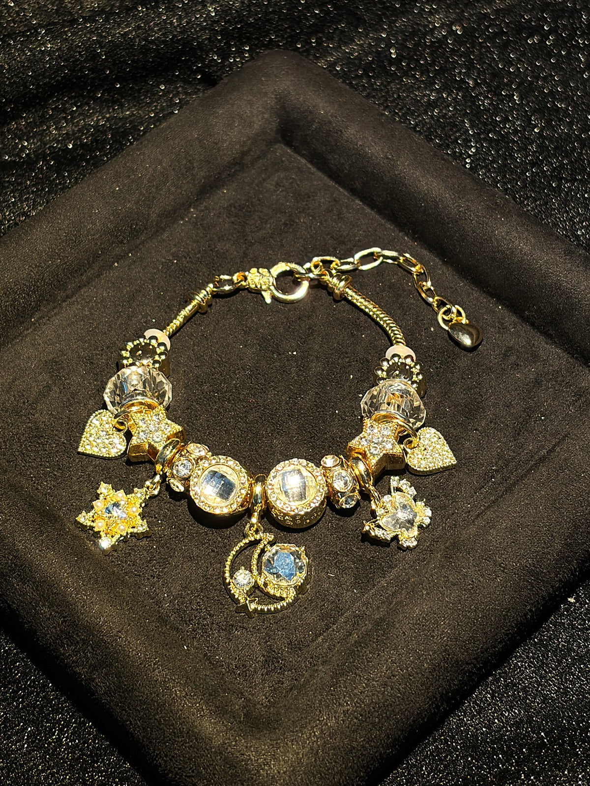 Starry Moon Heart Charm Bracelet, Luxury Gold Crystal Beaded Bracelet for Women, Sparkling Dangle Pendant Bracelet Jewelry Gift