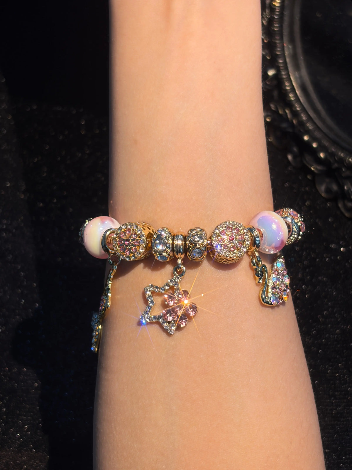 Women Gold‑Tone Mermaid Charm Bracelet, Pink Rhinestone Star Butterfly Dangle Charms, Colorful Murano‑Style Beads Snake Chain Bracelet, Fairytale Hand Jewelry Gift For Women Girls Daily Party Dating Wear