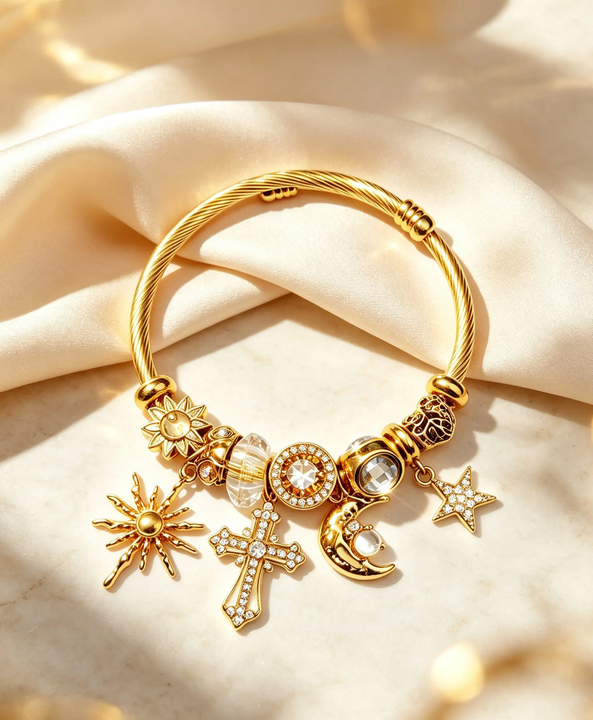 Twisted Tone Open Cuff Charm Bracelet for Women, Adjustable Flexible Bangle with Sun Moon Star Cross Rhinestone Charms, Vintage Celestial Fashion Jewelry Gift for Daily & Party Wear