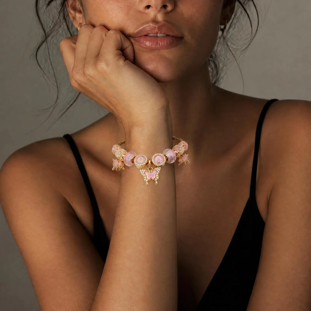 Dreamy Pink Butterfly Charm Bracelet: Sparkling Heart & Flower Gold Chain Bangle - Romantic Jewelry Gift for Her