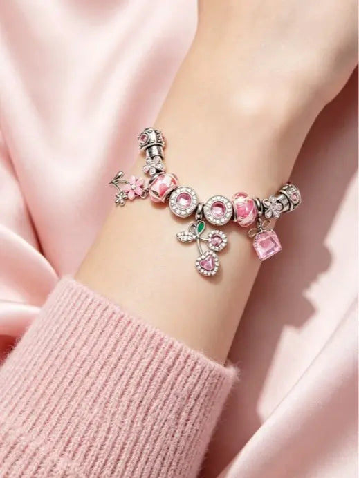 Silver Snake Chain Charm Bracelet with Pink Floral Glass Beads, Rhinestone Cherry, Sakura Flower & Pink Crystal Charms, Adjustable Extension Chain Dainty Flower Jewelry Gift for Women Teen Girls