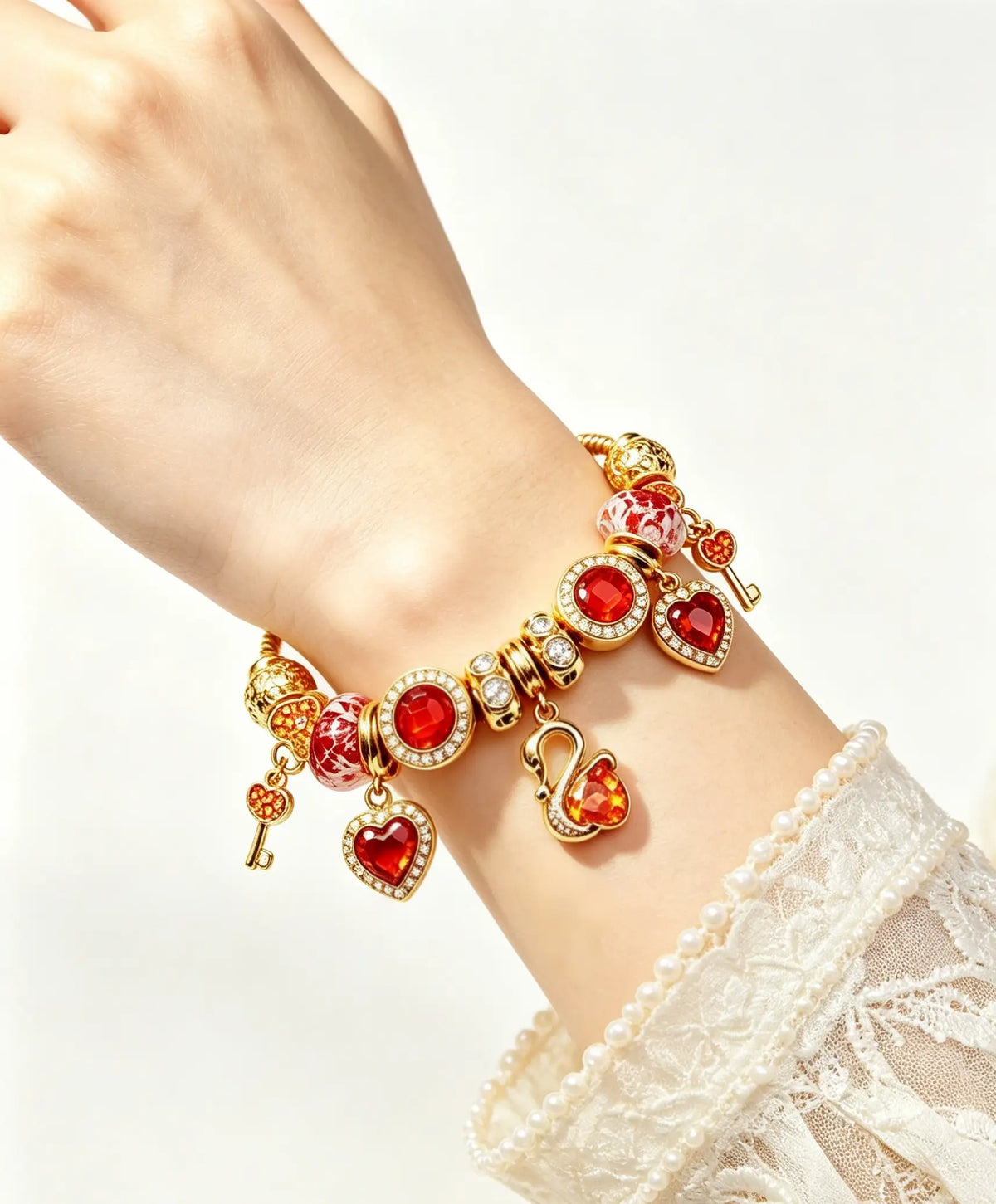 Luxury Red Crystal Charm Bracelet, Shiny Gold Tone Snake Chain Bracelet with Swan, Heart & Key Charms, Adjustable Beaded Fashion Jewelry Gift for Women Girls
