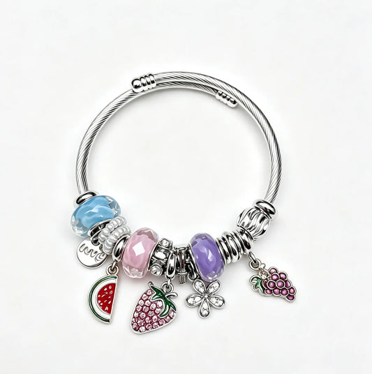 Adjustable Silver Cable Wire Charm Bangle Bracelet, Fruit Theme Dangle Charms with Watermelon Strawberry Grape Flower Rhinestone, Multicolor Murano Glass Beads Stackable Jewelry Gift for Women Teen Girls