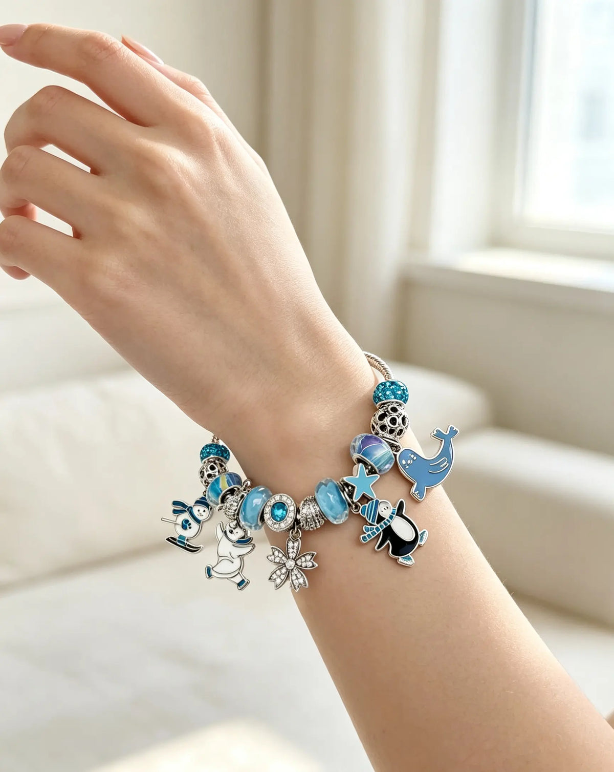 Silver Winter Ocean Charm Bracelet, Enamel Penguin Seal Snowman Snowflake Beaded Snake Chain Bracelet, Cute Animal Crystal Charm Jewelry Gift for Women