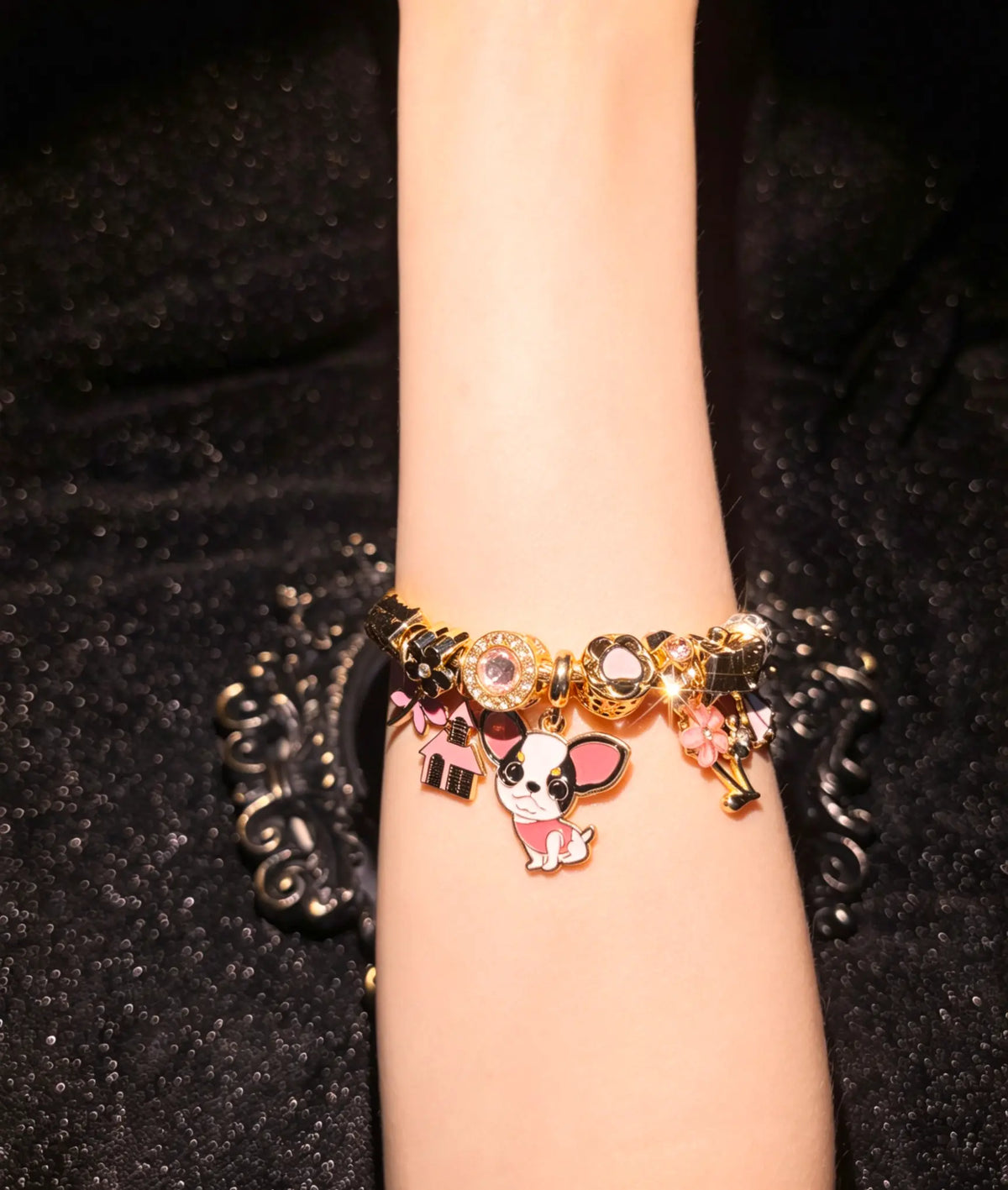 Cute Chihuahua Themed Open Cuff Bangle - Multi-Charm, House & Flower Accented, Skirt Beaded, Stackable Fashion Jewelry Gift for Pet Lovers