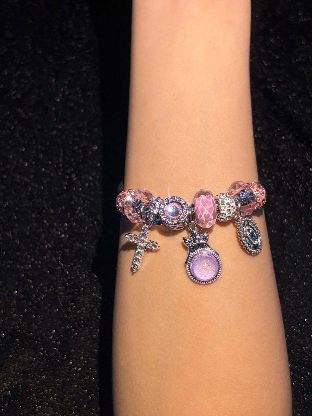 Women's Silver-Tone Religious Wire Cuff Bangle - Cross, Virgin Mary Charm, Pink Murano Glass Beads, Rhinestone Crystal Fashion Statement Bracelet