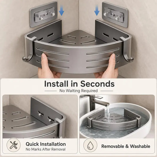1 Pack No Drill Adhesive Corner Shower Caddy with Hooks & Toothpaste Holder