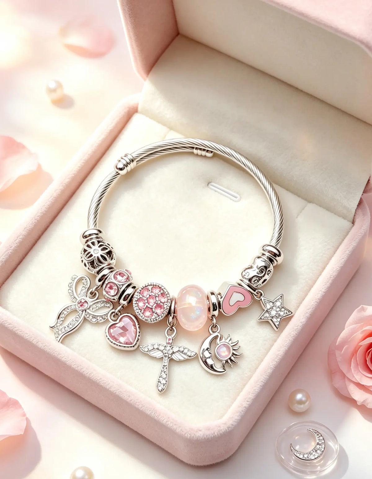 Silver Tone Adjustable Wire Bangle Bracelet with Pink Rhinestone Heart Angel Moon Star Charms, Women Cute Pink Bead Charm Jewelry Gift