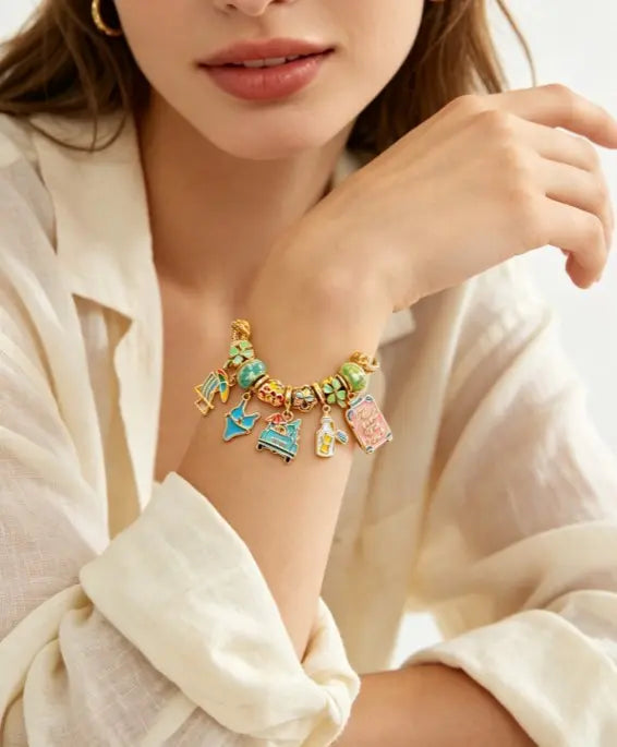 Summer Beach Travel Gold Snake Chain Charm Bracelet for Women, Enamel Vacation Charms Adjustable Bracelet with Beach Chair Bikini Suitcase Pendant Jewelry Gift