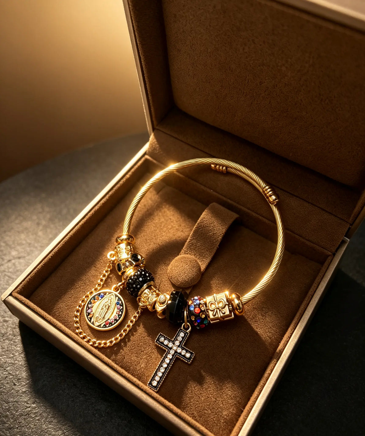 Adjustable Gold-Tone Cable Wire Bangle Bracelet, Virgin Mary Medal & Black Cross Charms Beaded Bracelet, Religious Jewelry Gift for Women