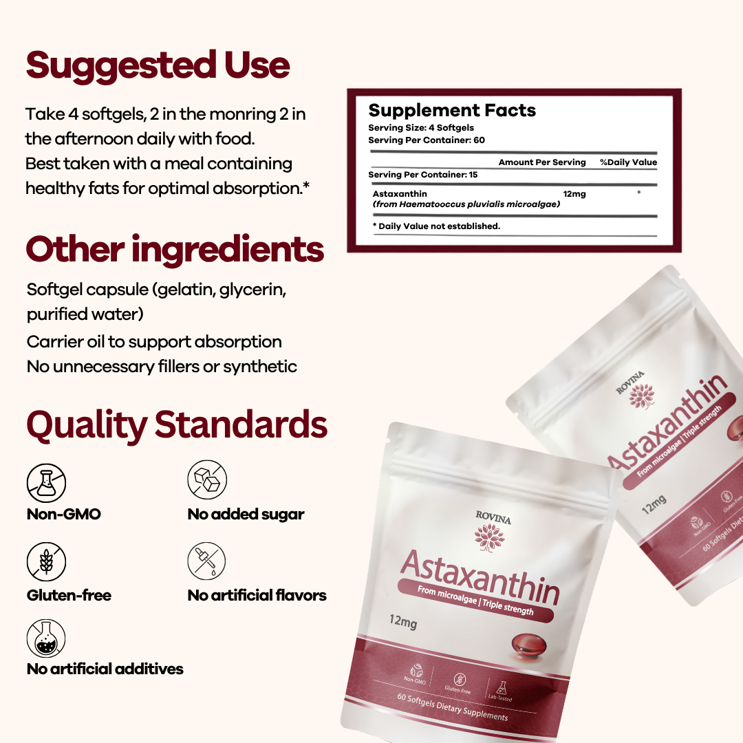 ROVINA Astaxanthin 12mg Softgels โ Triple Strength Natural Microalgae Antioxidant, 60 Count