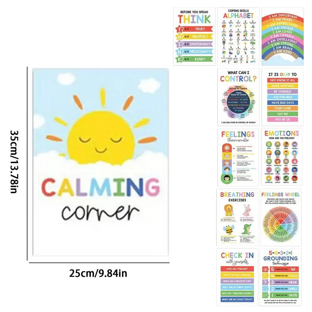 12-Piece Calming Corner Posters for Kids โ Mental Health, Emotions Chart, Coping Skills, Breathing Exercises & Feelings Wheel for Classroom and Home