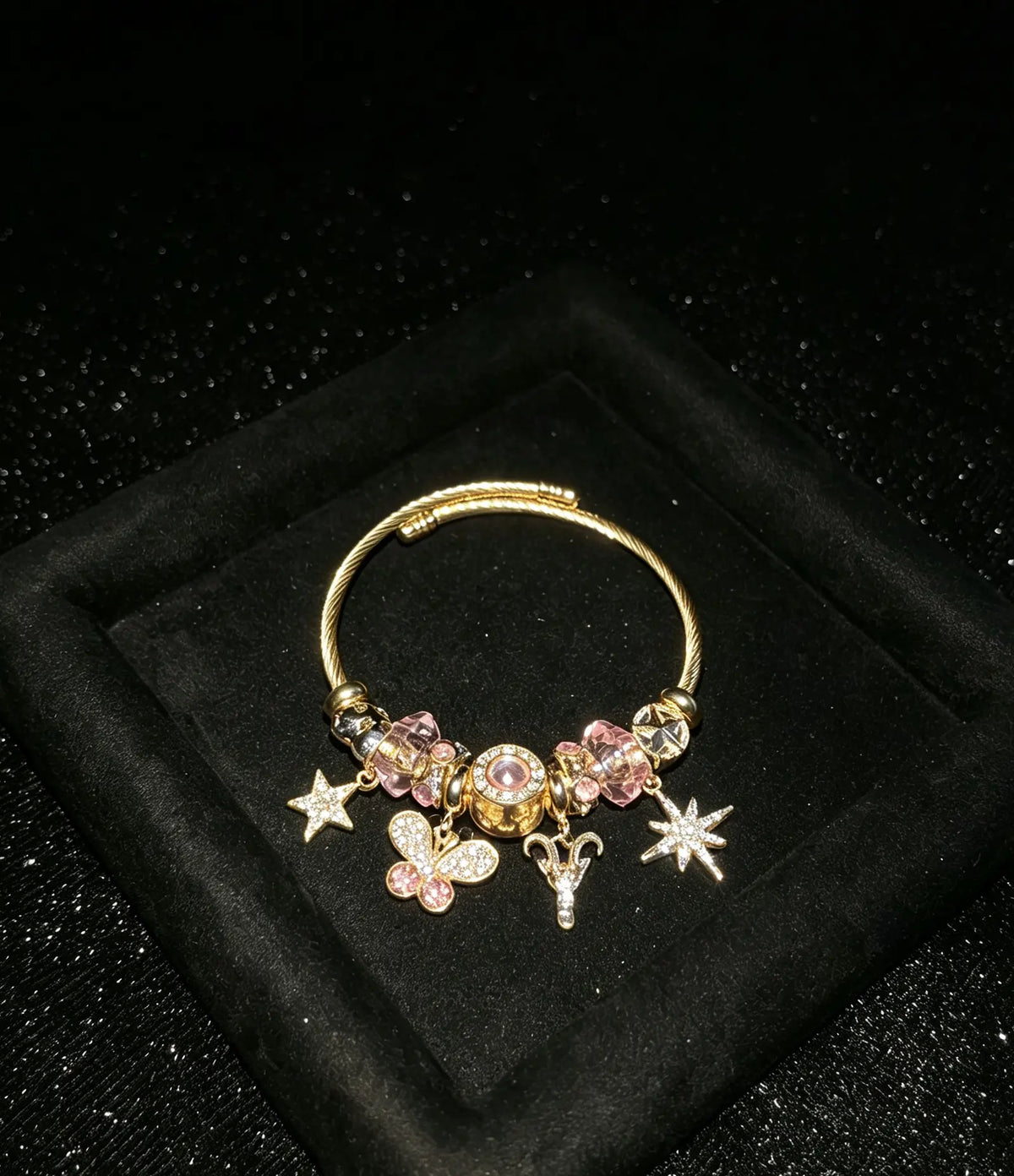 Sparkling Pink Crystal Butterfly Star Dangle Charm Bangle Bracelet, Gold Tone Open Cuff Wire Bangle Fashion Jewelry Gift for Women