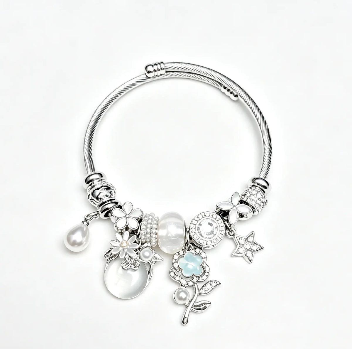 Women's Adjustable Open Cuff Silver Cable Wire Bracelet - Pearl, 4-Leaf Clover, Star, Flower Crystal Charms - Stackable Elegant Jewelry Gift for Daily Party Use