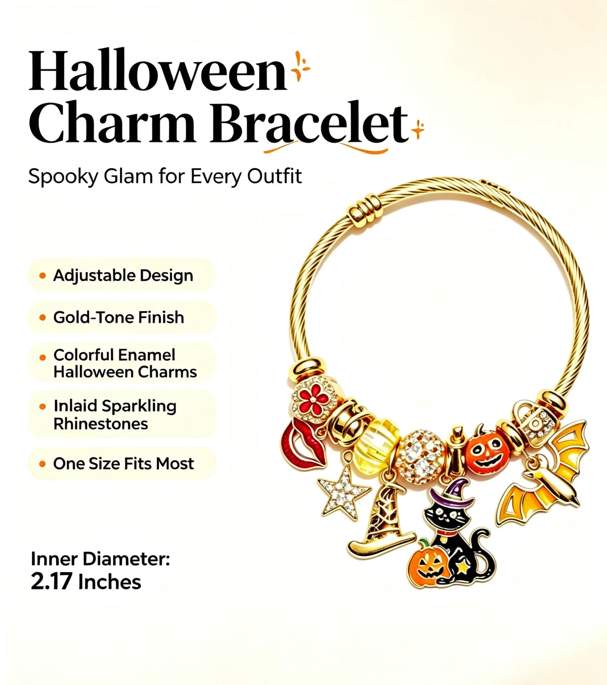 Halloween Charm Bangle Bracelet, Gold Tone Adjustable Wire Cuff with Black Cat, Pumpkin, Bat Witch Hat Enamel Charms, Halloween Jewelry Gift for Women Girls