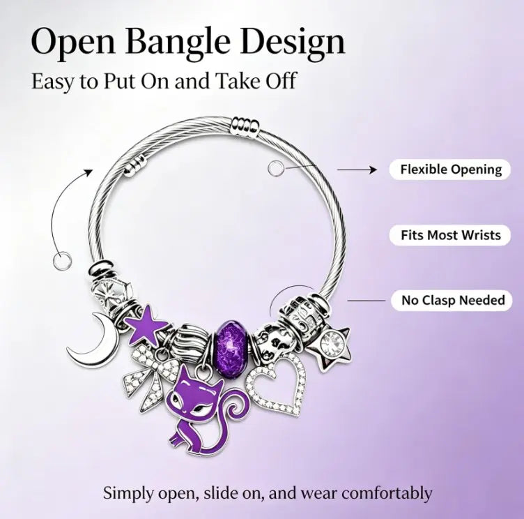 Open Bangle Twisted Cable Wire Bracelet, Purple Cat Moon Star Heart Rhinestone Charms Bangle, Adjustable Flexible Cuff Jewelry Gift for Women Girls