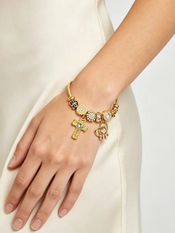 Gold Cross Heart Charm Bangle for Women, Adjustable Wire Cable Cuff Bracelet with Crystal Rhinestone Beads, Inner Diameter 2.28 Inches Dainty Religious Faith Jewelry Gift