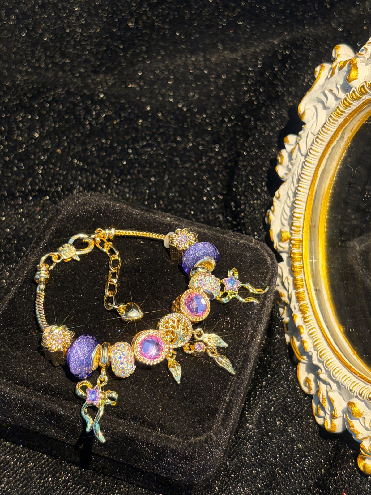 Women's Elegant Ornate Hollow Leaf Floral Dangle Charm Bracelet - Gold-Tone Snake Chain, Purple Crystal, Glitter Beads - Fashion Costume Jewelry Gift