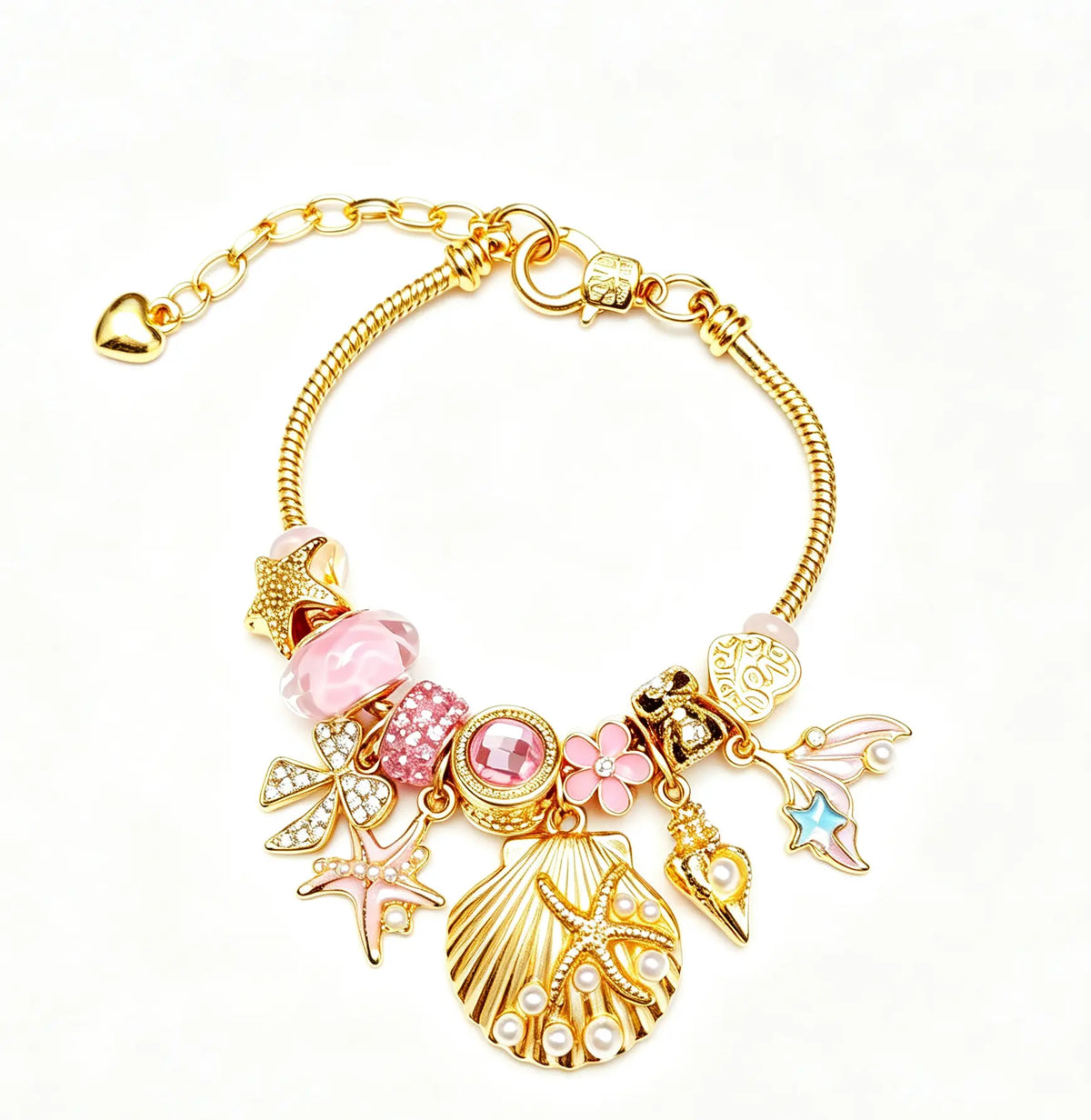 Ocean Mermaid Shell Charm Bracelet, Gold-Tone Adjustable Snake Chain Bracelet with Starfish Conch Pearl Dangle Charms, Pink Beach Themed Jewelry Gift for Women Girls