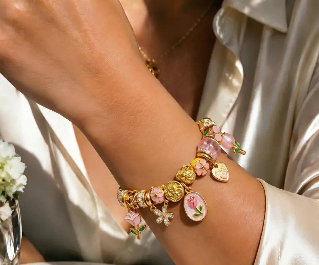 Spring Vibes on Your Wrist, Pink Tulip & Heart Charm Bracelet
