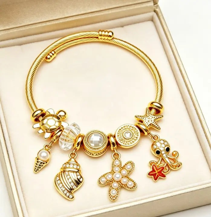 Gold Ocean Sea Themed Open Cuff Bangle, Adjustable Twisted Cable Wire Bracelet with Octopus, Turtle, Starfish, Seashell, Pearl & Crystal Charms, Summer Beach Stackable Jewelry Gift for Women Girls