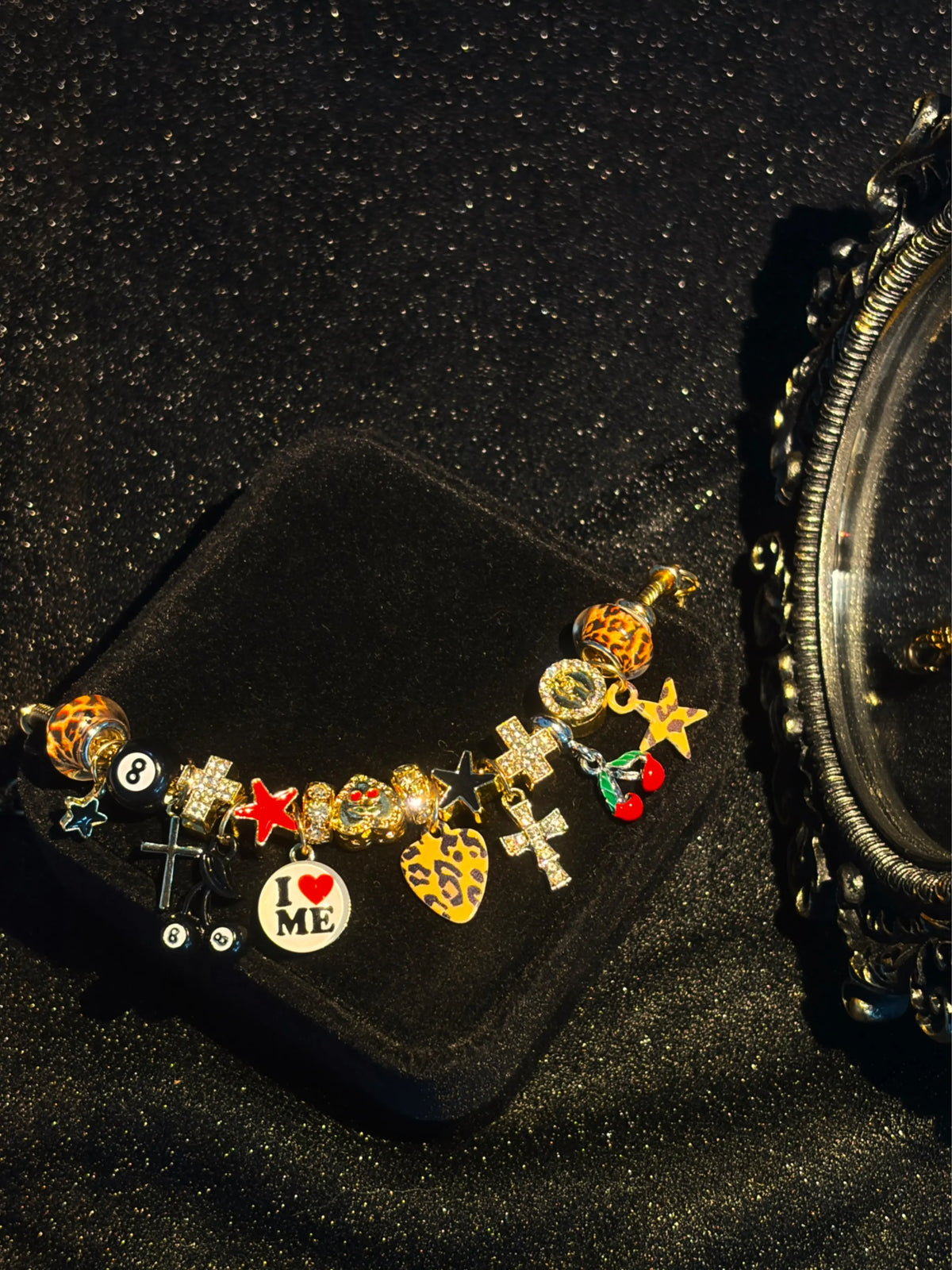 Women's Y2K Leopard Print Charm Bracelet - Gold-Tone Snake Chain, 9.85in Total Length, 2-Style Enamel Crystal Charms with 8-Ball, Cross, Cherry, Star Pendants, Fashion Costume Jewelry Gift for Girls