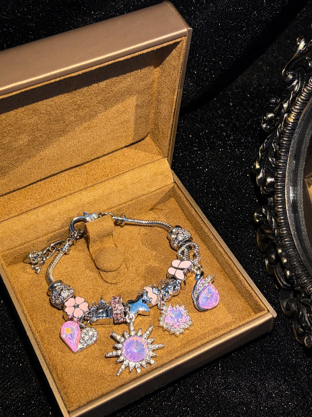 Pink Purple Crystal Sun Castle Charm Bracelet, Silver Plated Adjustable Snake Chain Bead Bracelet, Fashion Dangle Butterfly Flower Heart Beads Jewelry Gift for Women Girls
