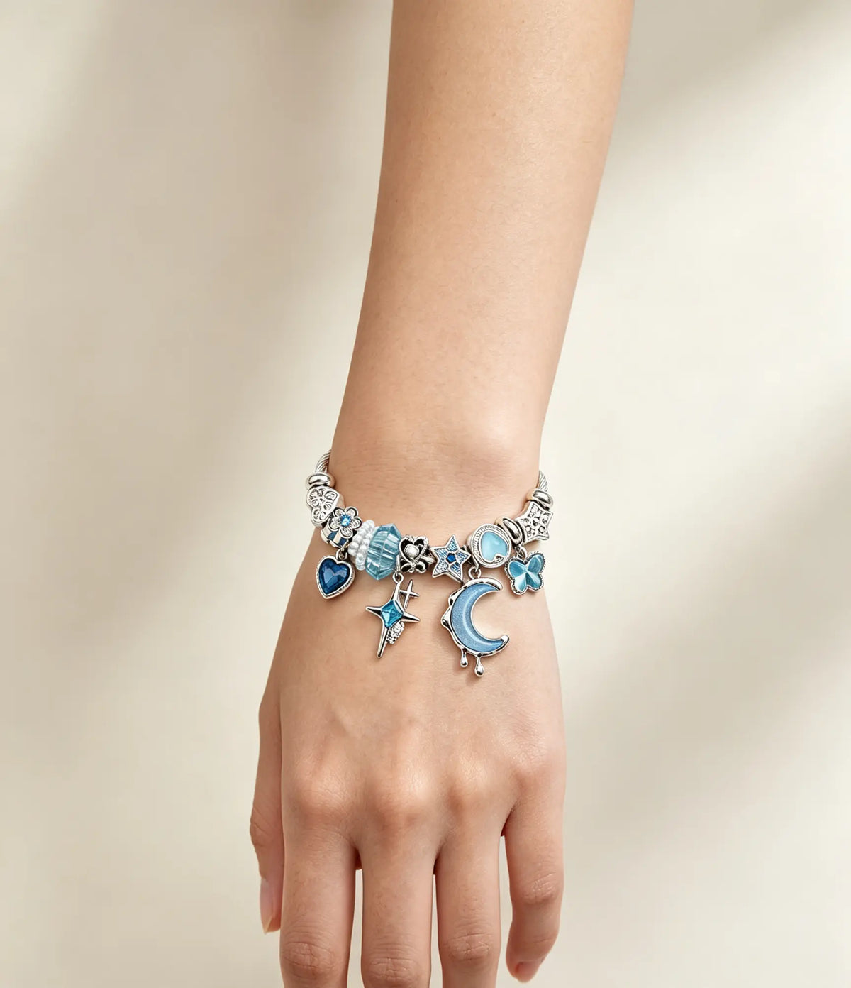 Blue Moon Star Charm Bracelet, Adjustable Silver Cable Bangle with Blue Crystal Heart Butterfly Charms, Women Fashion Jewelry Gift