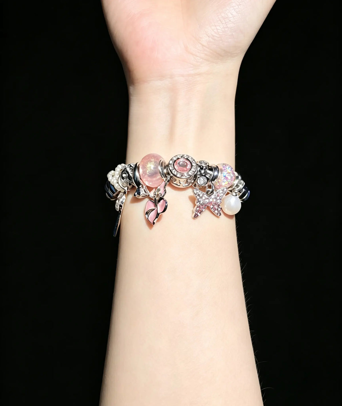 Women's Pink Enamel Charm Open Cuff Bangle Bracelet - Silver-Toned Wire Bangle with Star, Flower, Pearl, Crystal Charms - Sparkling Costume Fashion Jewelry Accessory