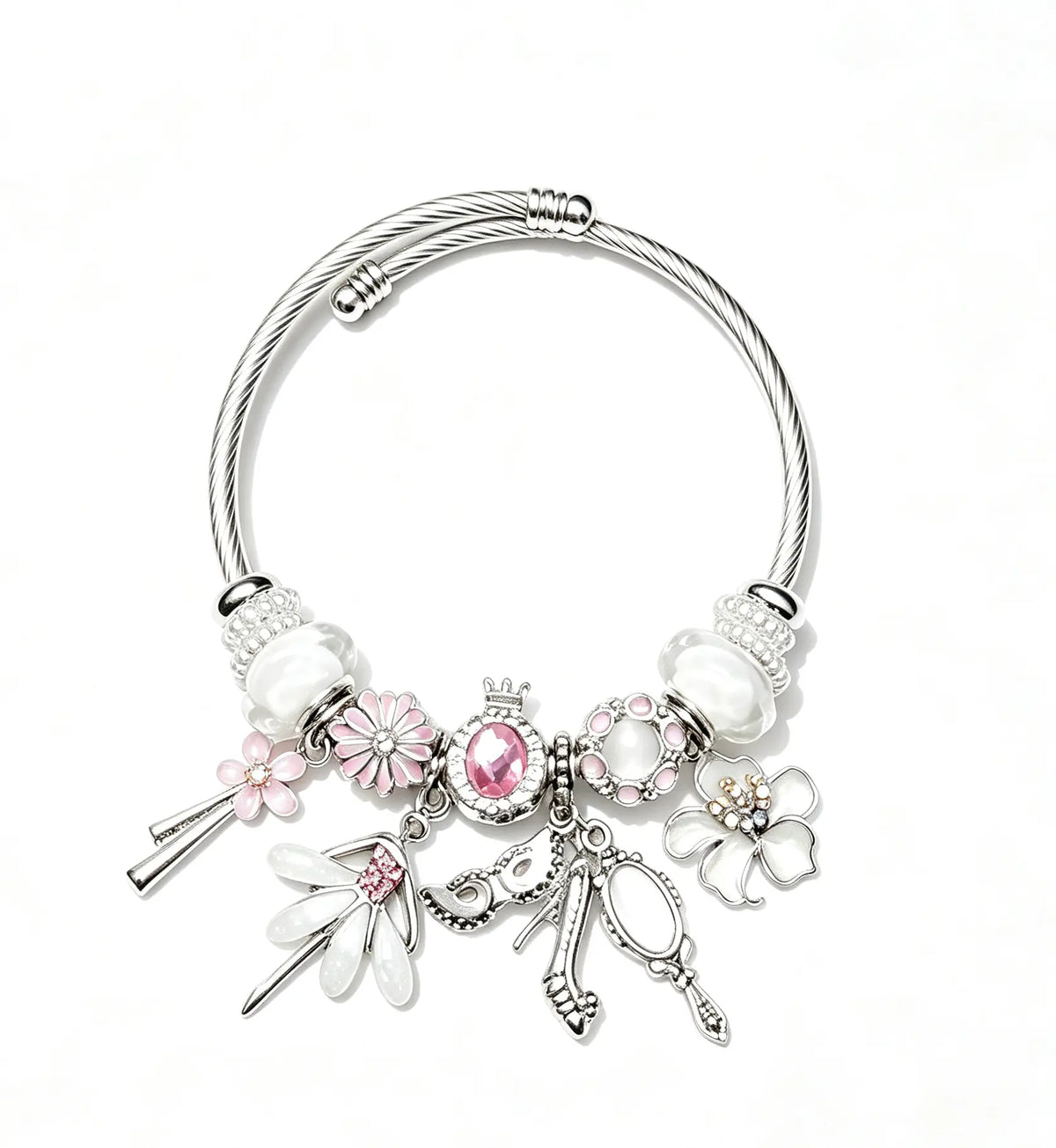 Silver Tone Ballet Charm Bracelet for Women, Pink Crystal Flower Bangle with Ballet Shoe Pendant, Elegant Fairycore Jewelry Gift for Her