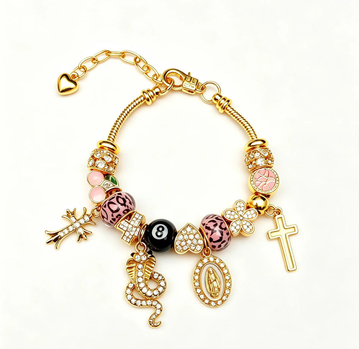 Edgy Gold Charm Bracelet – Leopard, 8-Ball & Cross Pendants for Bold Streetwear Vibes
