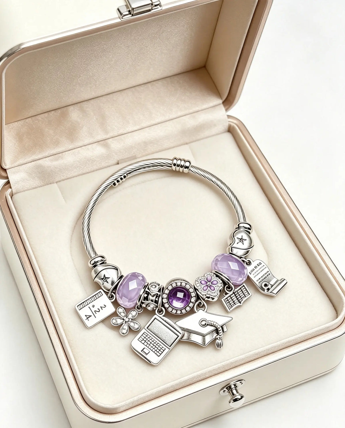 Graduation Commemorative Charm Bracelet | Twisted Rope Silver Bangle with Cap/Laptop/Book Charms (Blue/Purple Options)