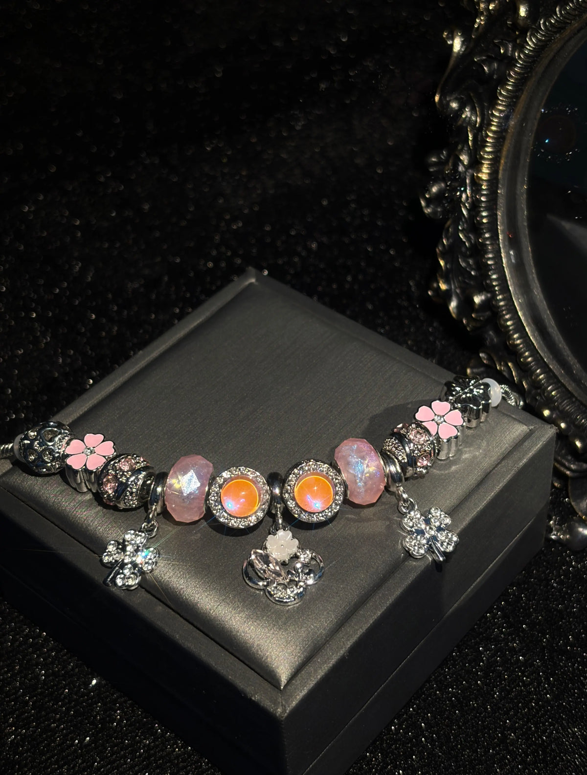 Women's Enchanting Pink-Orange Beaded Charm Bracelet with 4-Leaf Clover Dangle, Fashion Costume Jewelry Gift