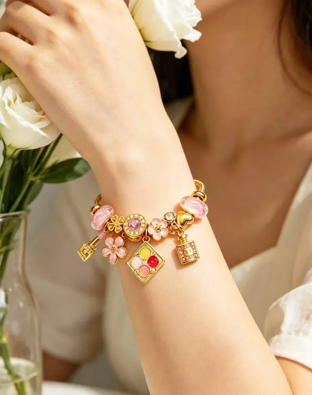 Gold Snake Chain Charm Bracelet for Women, Pink Enamel Flower Lipstick Perfume Palette Crystal Beads Dainty Jewelry Gift