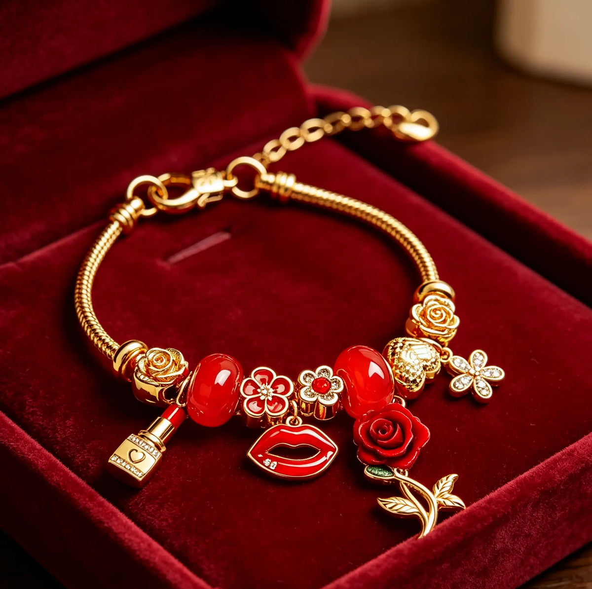 Gold Tone Red Rose Charm Bracelet for Women, Snake Chain Bracelet with Lip, Lipstick, Flower & Glossy Red Beads, Romantic Valentine’s Day Jewelry Gift for Her