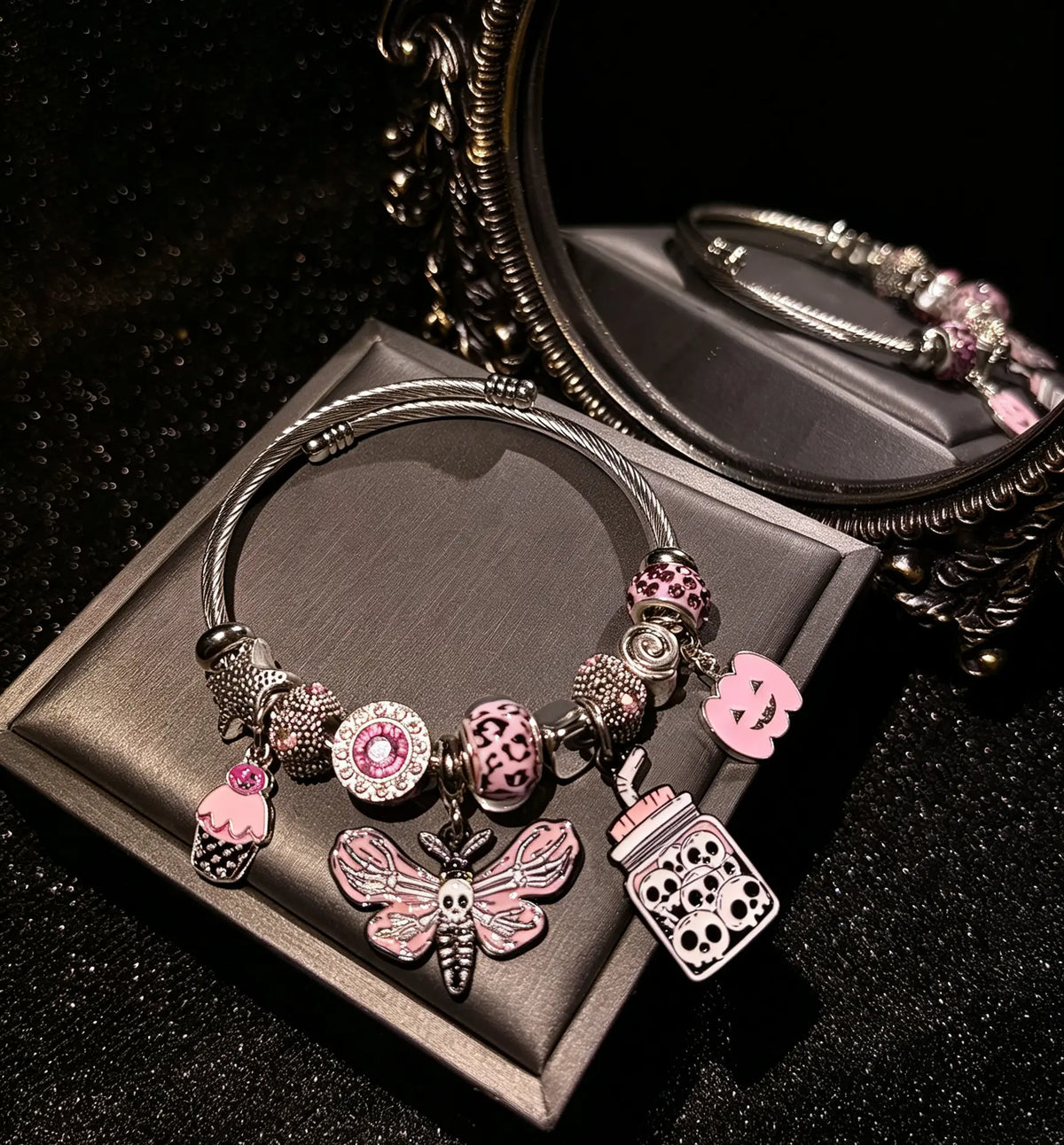 Silver Tone Halloween Pink Skull Moth Charm Bangle, Pink Pumpkin & Skull Jar Enamel Beaded Bracelet, Gothic Spooky Adjustable Cable Wire Bracelet Jewelry for Women