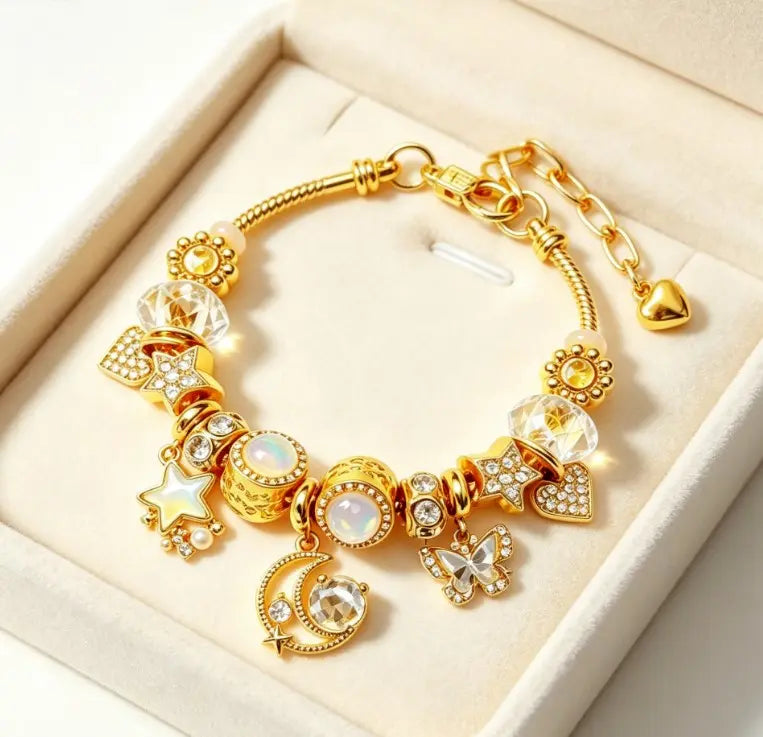 Dreamy Star & Moon Charm Bracelet – Gold-Tone Bow & Crystal Bead Bangle, Sweet Fairycore Jewelry, Perfect Gift for Her