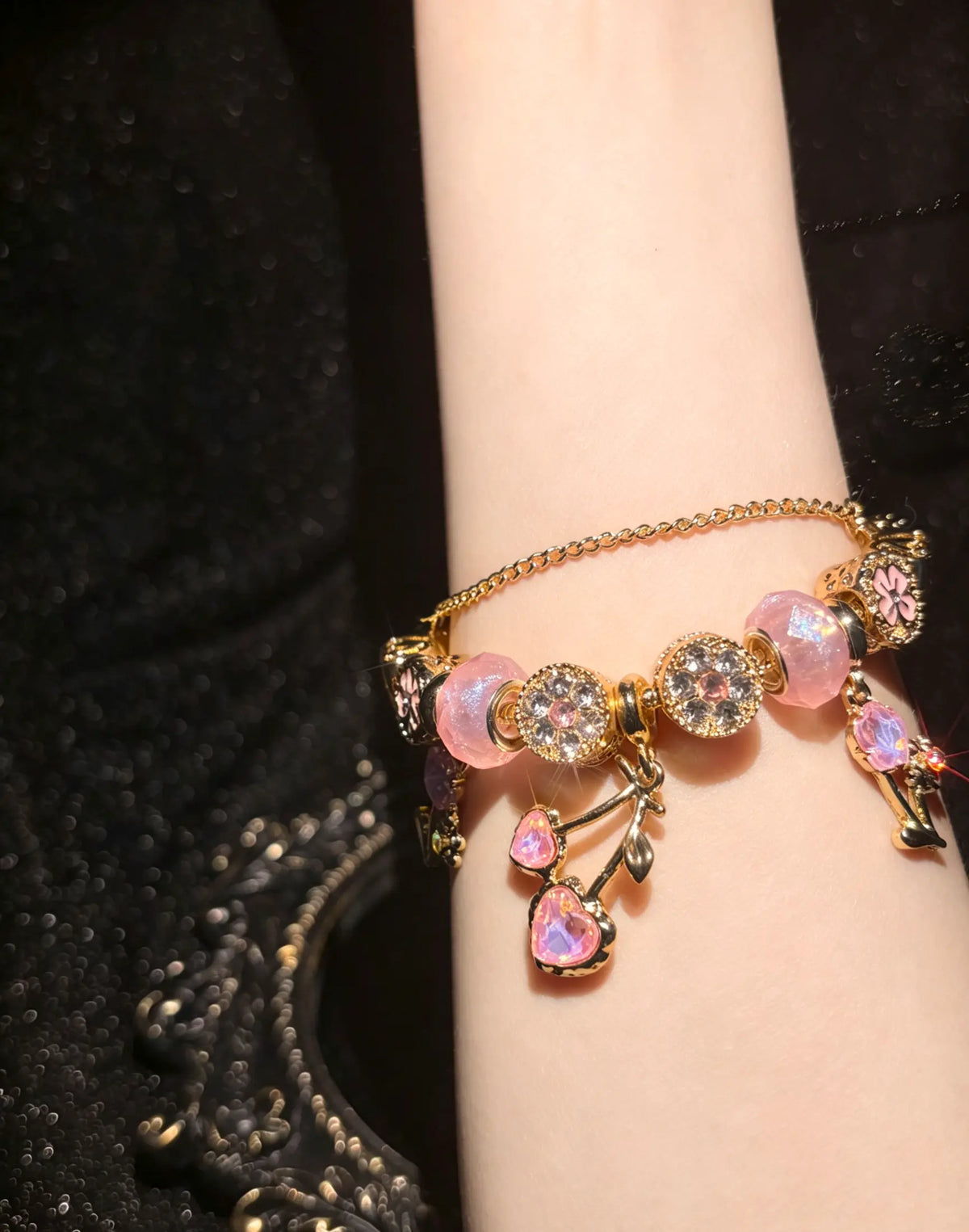 Women's Gold-Tone Adjustable Charm Bracelet - Sparkly Pink Heart, Flower Beads, Rhinestone Crystals - Fashion Costume Jewelry Gift