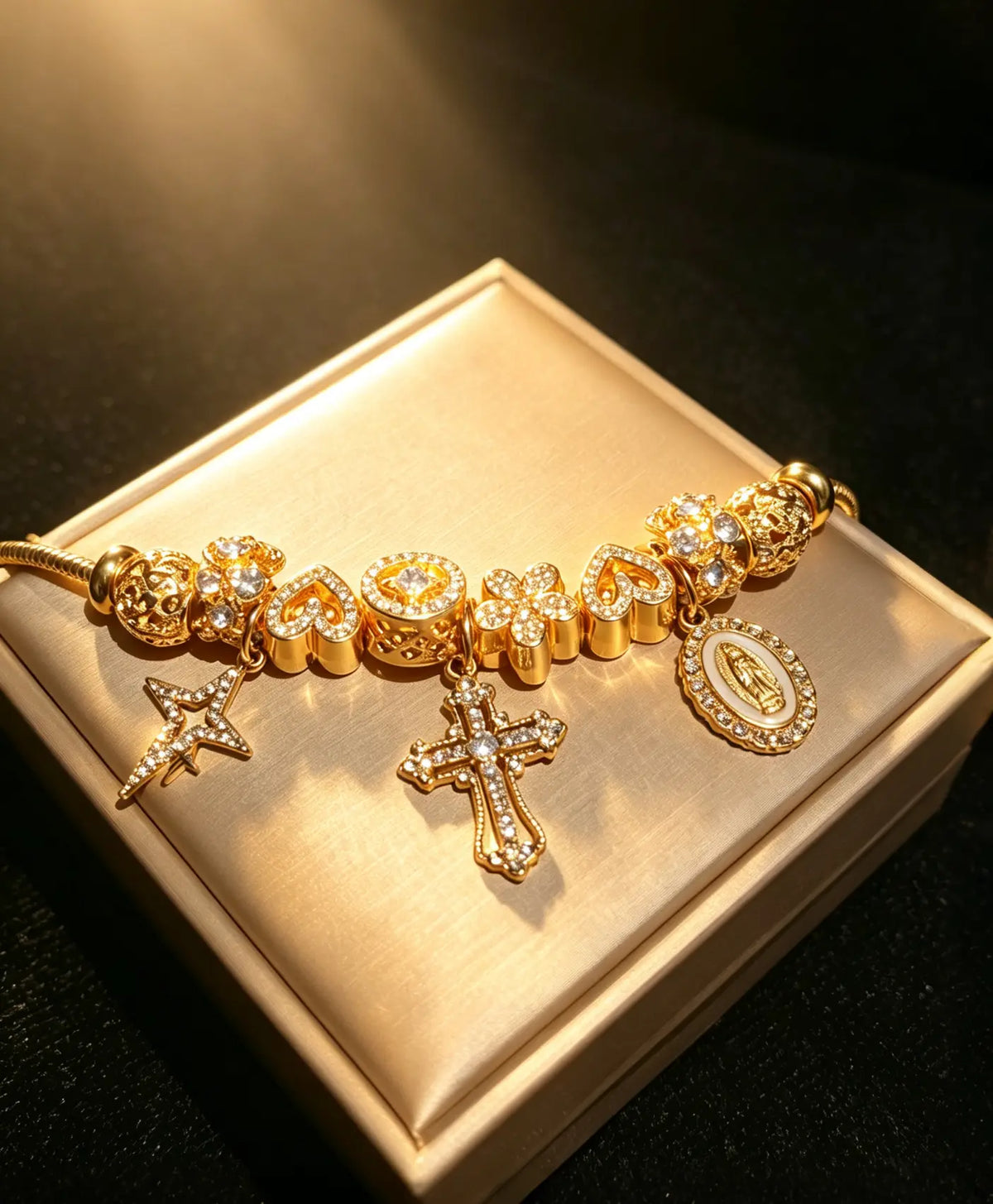 Vintage Gold Tone Cross Charm Beaded Bracelet, Rhinestone Star Heart Virgin Mary Pendant Snake Chain Bracelet