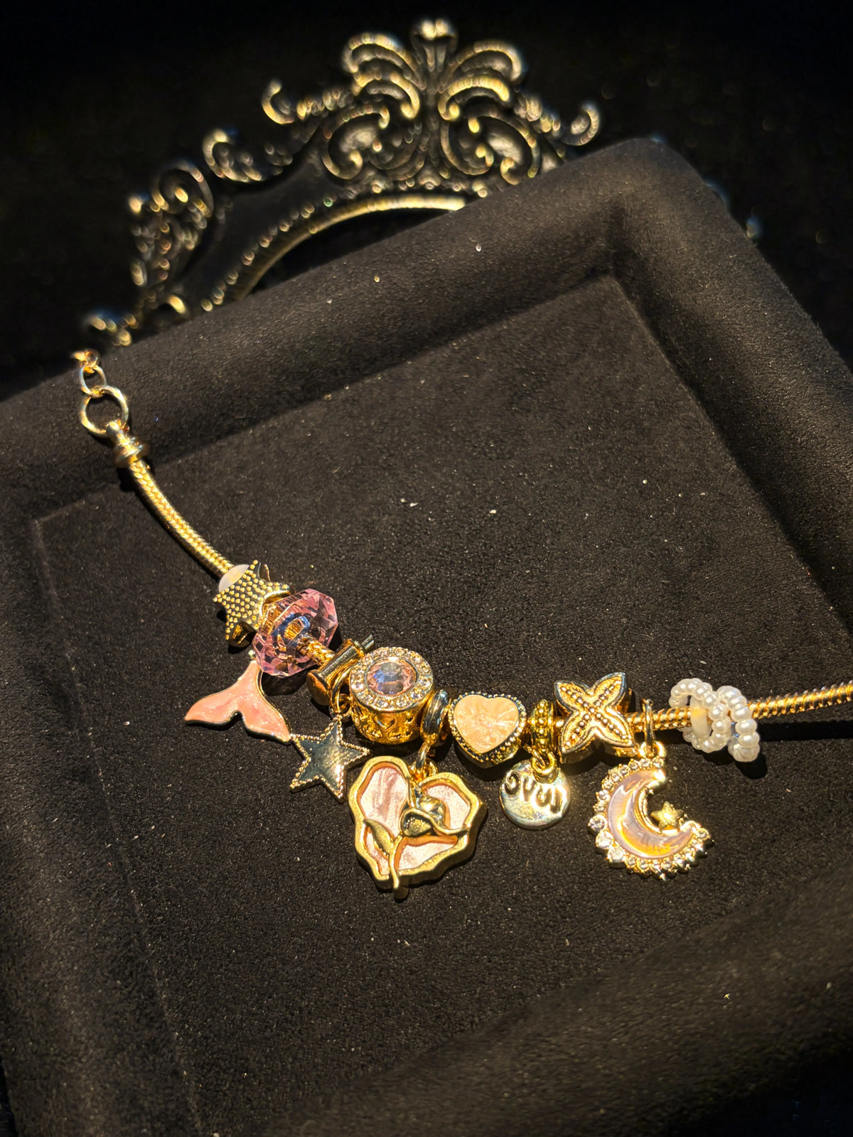 Women's Gold-Tone Multi-Charm Beaded Bracelet with Mermaid Tail, Crescent Moon, Heart, Shell, Starfish Pendants - Color Enamel Statement Summer Layered Costume Jewelry
