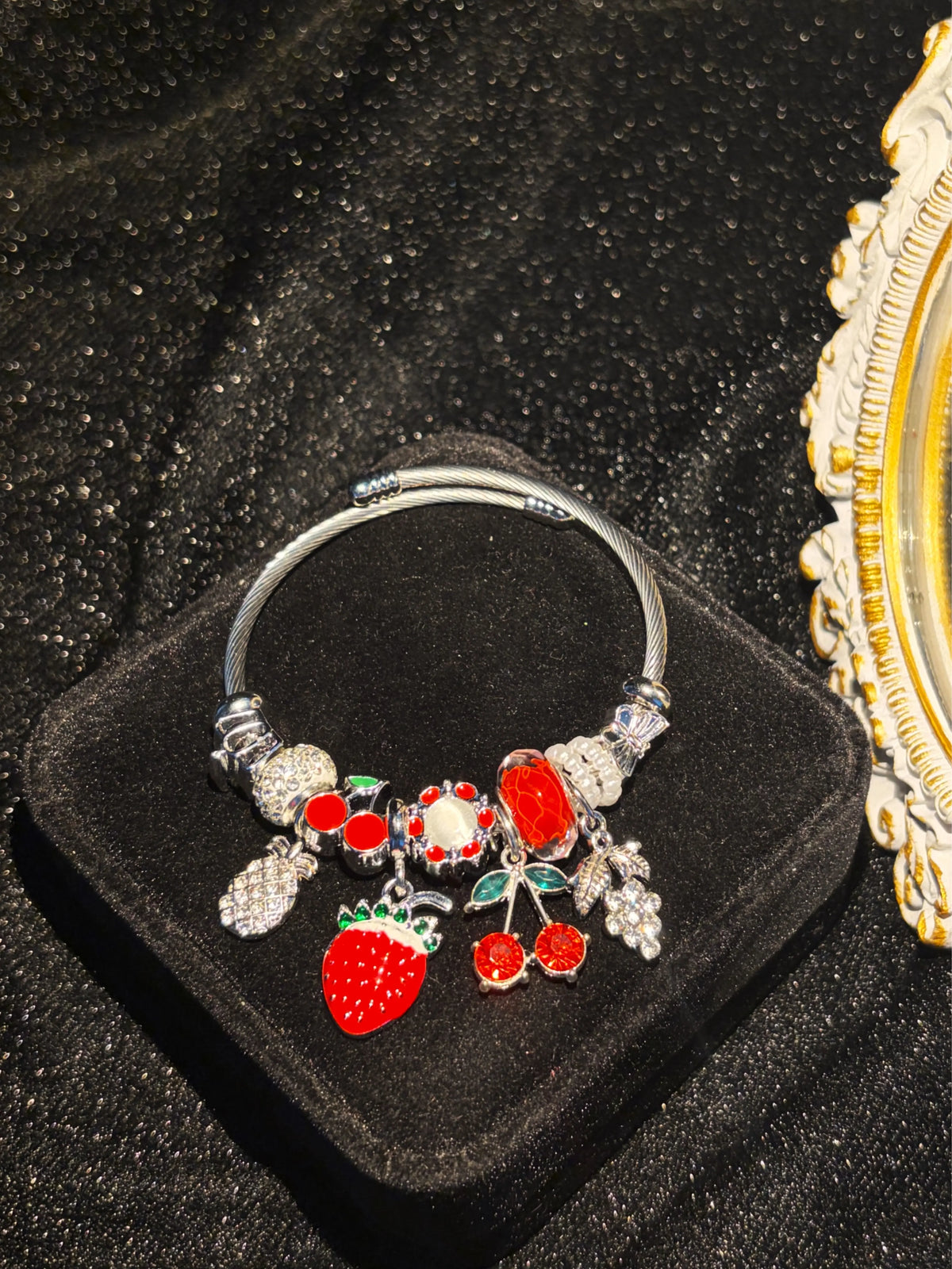 Silver-Tone Open Twist Wire Cuff Bangle, Vibrant Fruit-Themed Charm Bracelet with Strawberry, Cherry, Grape Dangles, Sweet Summer Holiday Gift Jewelry