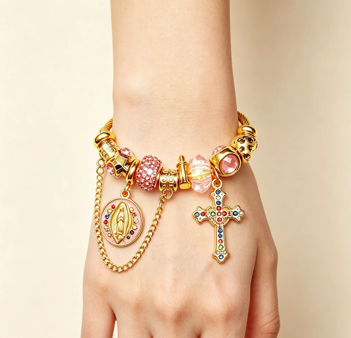 Gold Tone Virgin Mary Cross Charm Wire Bangle, Pink Crystal Religious Bracelet For Women
