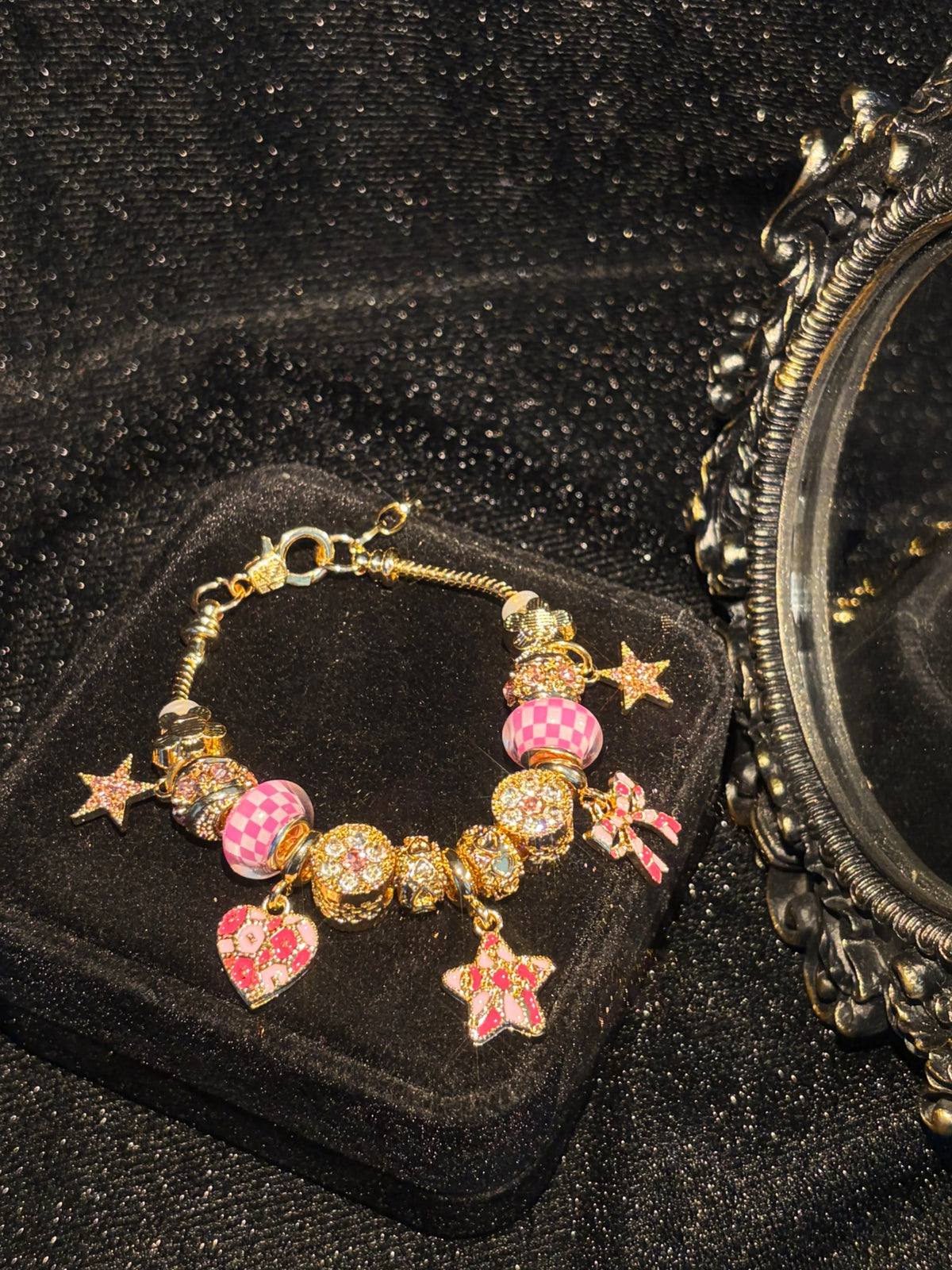 Women's Gold-Tone Pink Enamel Beaded Charm Bracelet with Bow, Star, Heart Accents - Sweet Girly Costume Jewelry Gift