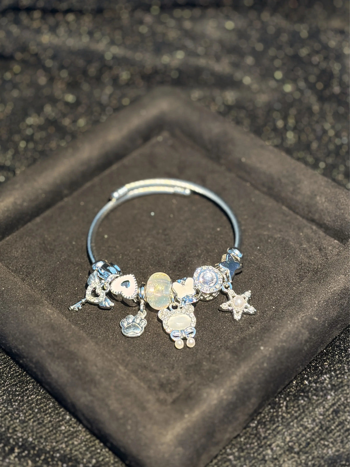 Women's Silver-Tone Open Cuff Bangle Bracelet with Cat Paw, Heart, Star, Butterfly Dangle Charms - Costume Jewelry Gift