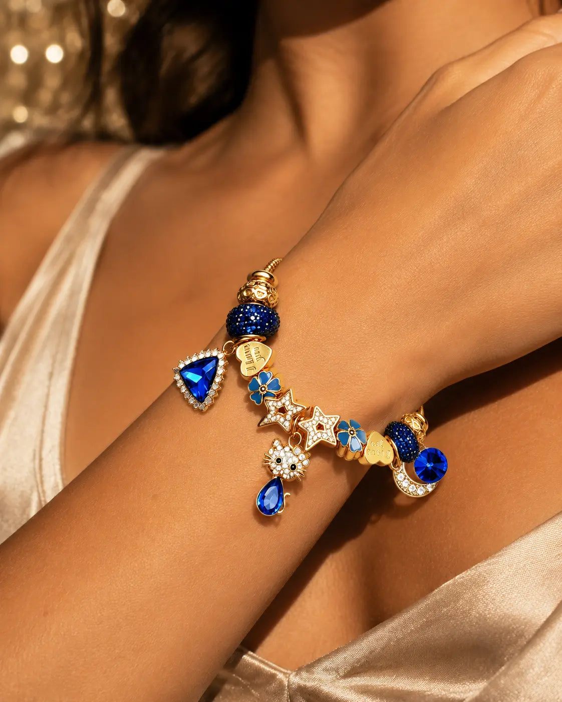 Gold Plated Blue Crystal Cat Charm Bracelet, Adjustable Snake Chain Beaded Bracelet with Star Moon Heart Charms, Fashion Jewelry Gift for Women